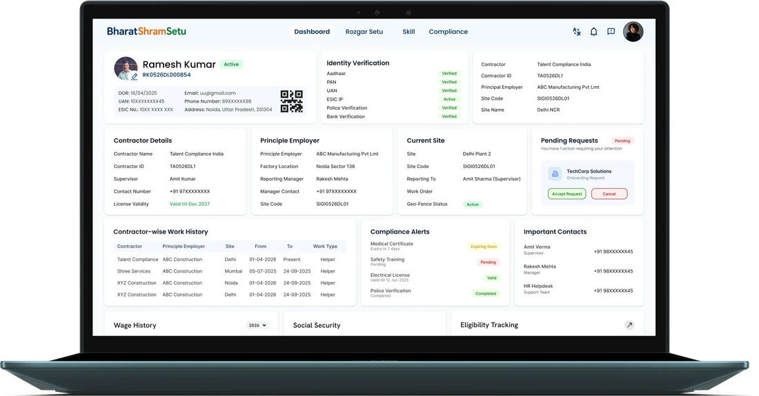 Worker dashboard with digital ID, records and welfare benefits